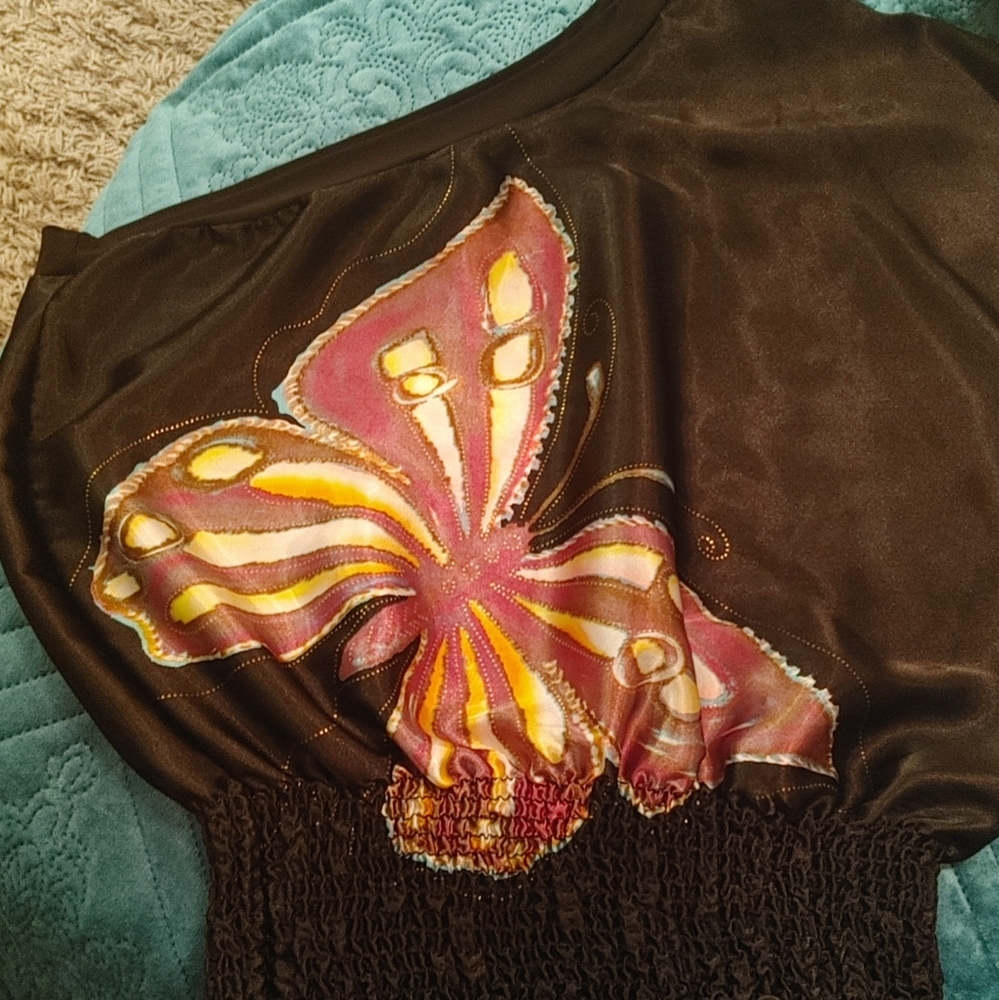 Black Silk Off the Shoulder Butterfly Blouse